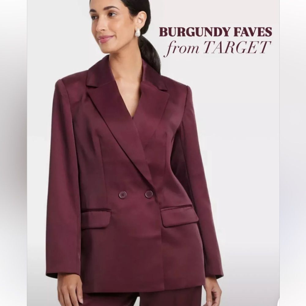 A New Day Burgundy Satin Blazer and Mini Skirt Set